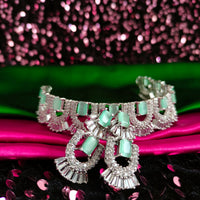 N02011_Gorgeous  designer silver polished American diamond embellished choker necklace set with a touch of Mint Green & white stones.