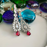 N03001_Classic silver polished choker style crafted design necklace set embellished with  red stones .