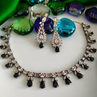 N03002_Classic silver polished choker style crafted design necklace set embellished with  Black stones .