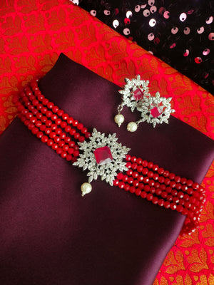 N0510_Classic designer crystal Grand pendant choker necklace set studded  with  American diamond stones.
