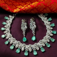 N03029_Gorgeous  designer silver polished American diamond embellished choker necklace set with a touch of mint & white stones.