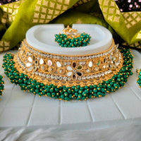 N03045_Bridal Green Gorgeous  designer gold polished mirror work embellished necklace set with one short & one long designer necklace set, grand earring and maangtika