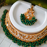 N03045_Bridal Green Gorgeous  designer gold polished mirror work embellished necklace set with one short & one long designer necklace set, grand earring and maangtika