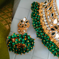 N03045_Bridal Green Gorgeous  designer gold polished mirror work embellished necklace set with one short & one long designer necklace set, grand earring and maangtika