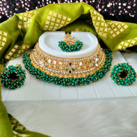 N03045_Bridal Green Gorgeous  designer gold polished mirror work embellished necklace set with one short & one long designer necklace set, grand earring and maangtika
