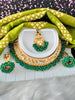 N03045_Bridal Green Gorgeous  designer gold polished mirror work embellished necklace set with one short & one long designer necklace set, grand earring and maangtika