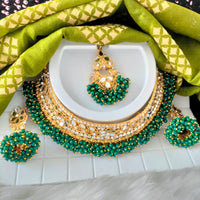 N03045_Bridal Green Gorgeous  designer gold polished mirror work embellished necklace set with one short & one long designer necklace set, grand earring and maangtika