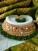 N03045_Bridal Green Gorgeous  designer gold polished mirror work embellished necklace set with one short & one long designer necklace set, grand earring and maangtika