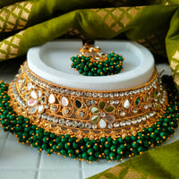 N03045_Bridal Green Gorgeous  designer gold polished mirror work embellished necklace set with one short & one long designer necklace set, grand earring and maangtika
