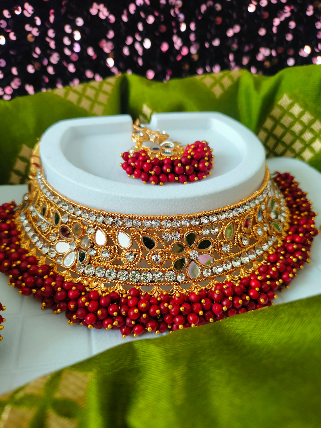 N03048_Bridal Maroon Gorgeous designer gold polished mirror work embellished necklace set with one short & one long designer necklace set, grand earring and maangtika
