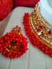 N03049_Bridal Red Gorgeous designer gold polished mirror work embellished necklace set with one short & one long designer necklace set, grand earring and maangtika