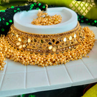 N03046_Bridal Golden Gorgeous designer gold polished mirror work embellished necklace set with one short & one long designer necklace set, grand earring and maangtika
