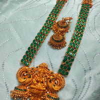 N03074_ Grand classic matte gold polished temple jewelry Long Haram & grand choker crafted design gold plated necklace set embellished with green stones .