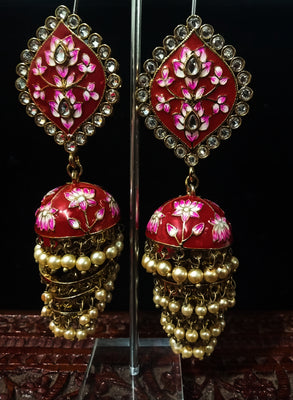 Sparkling Stand-out maroon multi layered jumki Earring crafted with Meenakari work