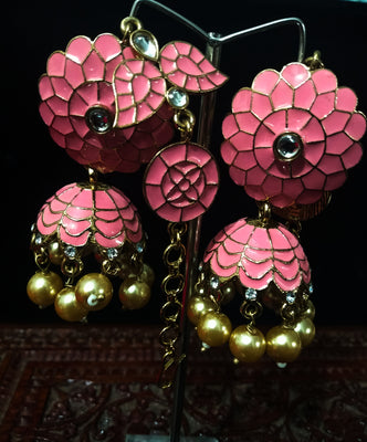Sparkling Stand-out pink dangler Earring crafted with Meenakari work
