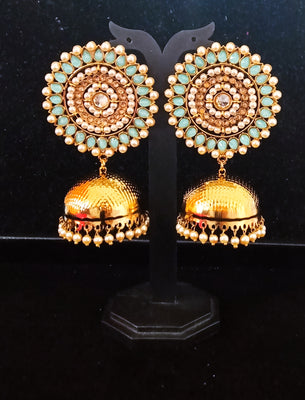 Sparkling Light weight Stand-out Rama Green & Golden Jumki Earring crafted with Meenakari work