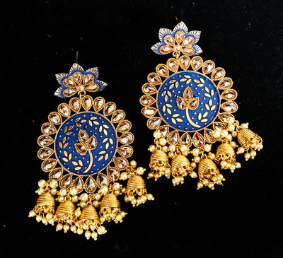 Classy Royal blue colored earring with delicate work of pearl and  Meenakari work.