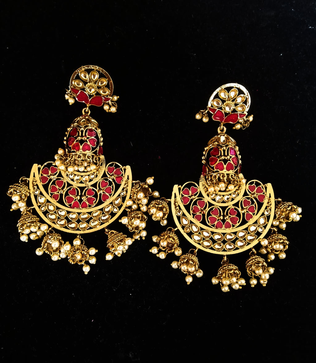 Classy Light Weight Red Colored multilayered Jumki Earring with delicate work of pearl and  Meenakari work.
