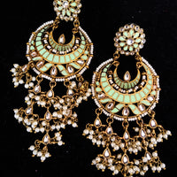 Classy Light Weight Pista green Colored multilayered Jumki Earring with delicate work of pearl and  Meenakari work.