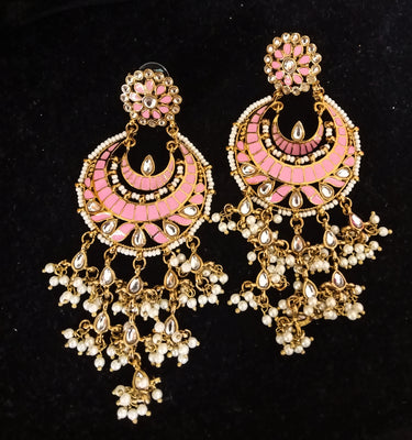 Classy Light Weight baby pink Colored multilayered Jumki Earring with delicate work of pearl and  Meenakari work.