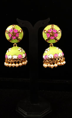 Classy Light Weight Yellow green Colored Jumki Earring with delicate work of pearl and  Meenakari work.