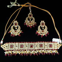 Traditional Gold Plated Kundan Pearl Choker Necklace Set Earrings & Maang Tikka for Women