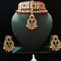 Traditional Gold Plated Kundan Pearl Choker Necklace Set Earrings & Maang Tikka for Women