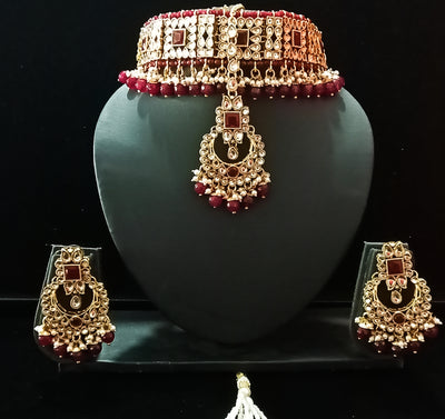 Traditional Gold Plated Kundan Pearl Choker Necklace Set Earrings & Maang Tikka for Women