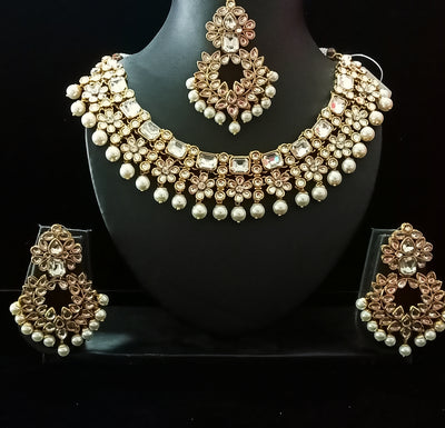 Traditional Premium quality Gold Plated Kundan Pearl Choker Necklace Set Earrings & Maang Tikka for Women