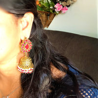 E0110_Gorgeous Meenakari jumka studded with semi precious red stones and small beads.