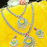 N074_Gorgeous silver plated necklace set studded with pink & green ruby stones with a touch of pearls.