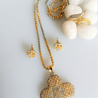 N075_Elegant Gold & Silver plated dual tone necklace set with earrings and ring studded with American Diamond stones.