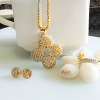 N075_Elegant Gold & Silver plated dual tone necklace set with earrings and ring studded with American Diamond stones.