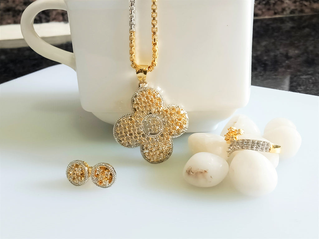 N075_Elegant Gold & Silver plated dual tone necklace set with earrings and ring studded with American Diamond stones.