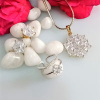 N076_Elegant Gold & Silver plated dual tone necklace set with earrings and ring studded with American Diamond stones.