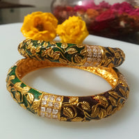 B042_Gorgeous Bangles crafted with delicate meena work with green and red zari combination studded with stones.