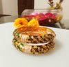 B042_Gorgeous Bangles crafted with delicate meena work with green and red zari combination studded with stones.