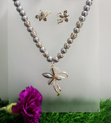 N087_Fancy grey bead necklace set  with a touch of stones.