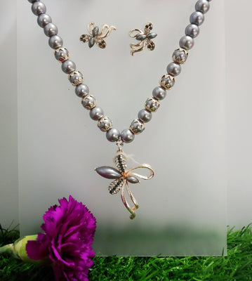 N087_Fancy grey bead necklace set  with a touch of stones.