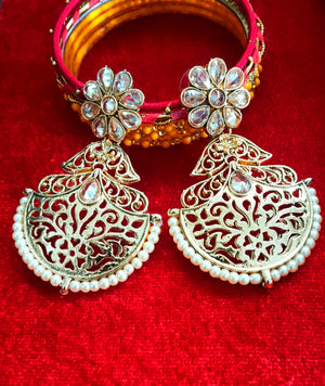 E0349_Classy danglers studded with stones along with pearls (medium size hangings).