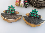 E0366_ Elegant German Silver oxidized elaborated earrings  with a delicate work studded with green stones (larger size).