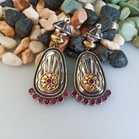 E0370_ Smashing German Silver oxidized dual tone Matte polish danglers  studded with pink stones (medium size hangings).