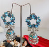 E0371_ Smashing German Silver oxidized jumkas studded with blue  stones with bead drops (medium size ear drop).