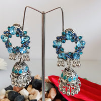 E0371_ Smashing German Silver oxidized jumkas studded with blue  stones with bead drops (medium size ear drop).