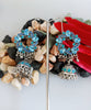 E0371_ Smashing German Silver oxidized jumkas studded with blue  stones with bead drops (medium size ear drop).