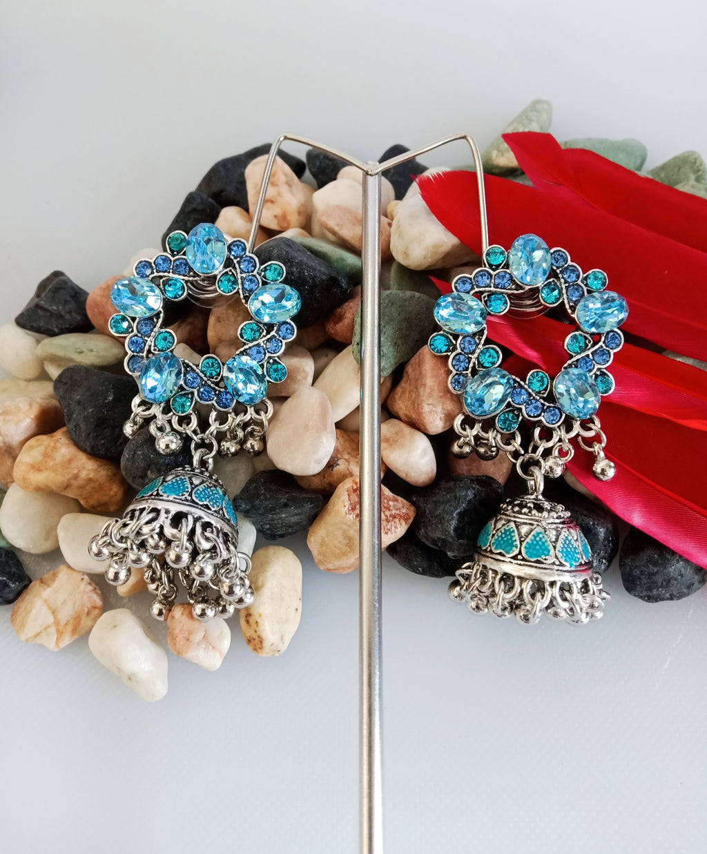E0371_ Smashing German Silver oxidized jumkas studded with blue  stones with bead drops (medium size ear drop).