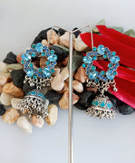 E0371_ Smashing German Silver oxidized jumkas studded with blue  stones with bead drops (medium size ear drop).