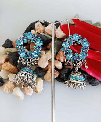 E0371_ Smashing German Silver oxidized jumkas studded with blue  stones with bead drops (medium size ear drop).