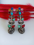 E0372_ Smashing German Silver oxidized jumkas  with floral pattern studded with multi color stones (medium size ear drop).