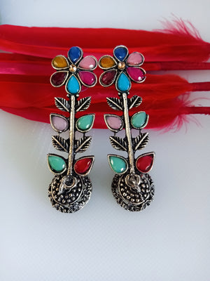 E0372_ Smashing German Silver oxidized jumkas  with floral pattern studded with multi color stones (medium size ear drop).